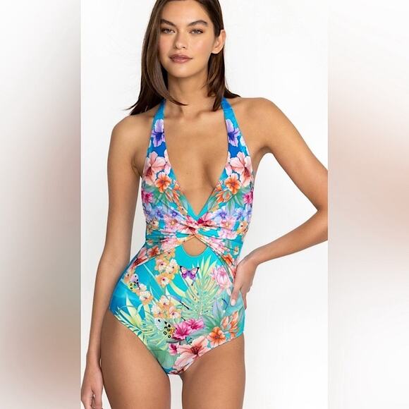 Johnny Was Water Tropic Tie Dye Twist Key Hole Halter One Piece Swimsuit Medium - Picture 2 of 10